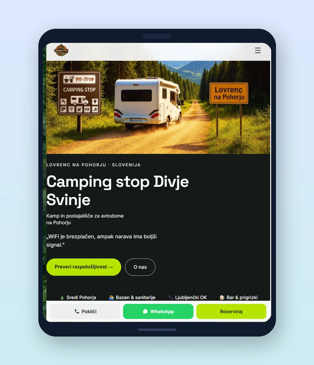 Mobilni pogled rezervacijske strani Camping Stop